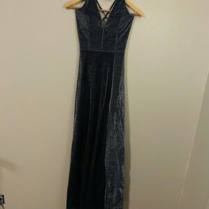 Ynez Formal Evening Dress Black Silver Metallic High Slit Lace Up Back Size S